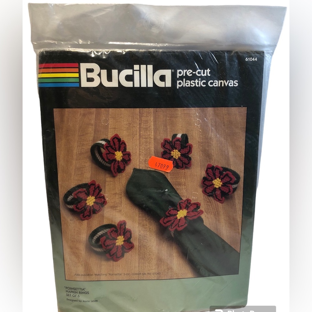 Bucilla Pre-Cut Plastic Canvas Set of 6 Poinsettia Napkin Rings 61044 Holiday